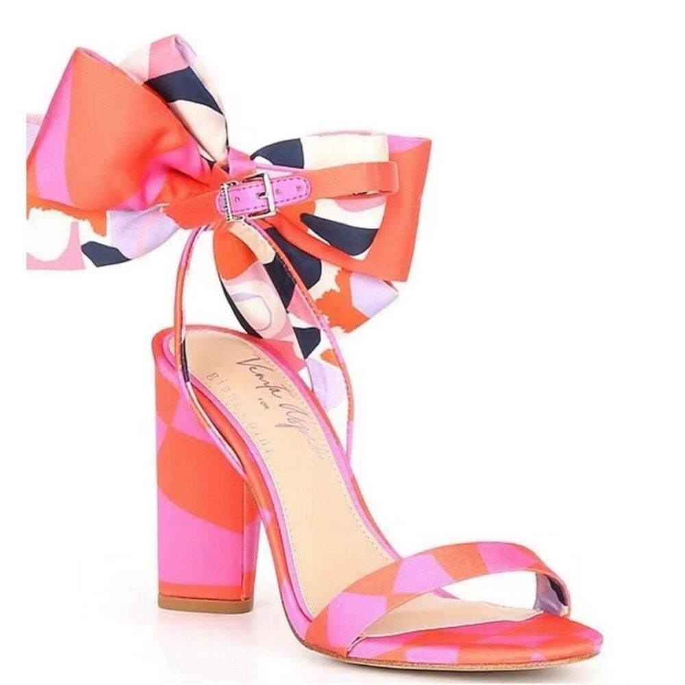 Gianni Bini Venita Aspen Amena Bow Heel Sz7 orange pink satin coquette statement
